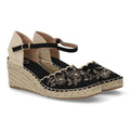 Alpargata bordada de cuña  – diseño floral y hebilla ajustable-Negro