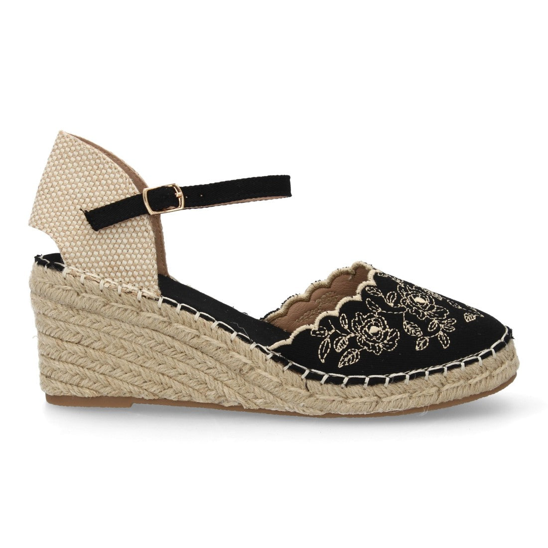 Alpargata bordada de cuña  – diseño floral y hebilla ajustable-Negro