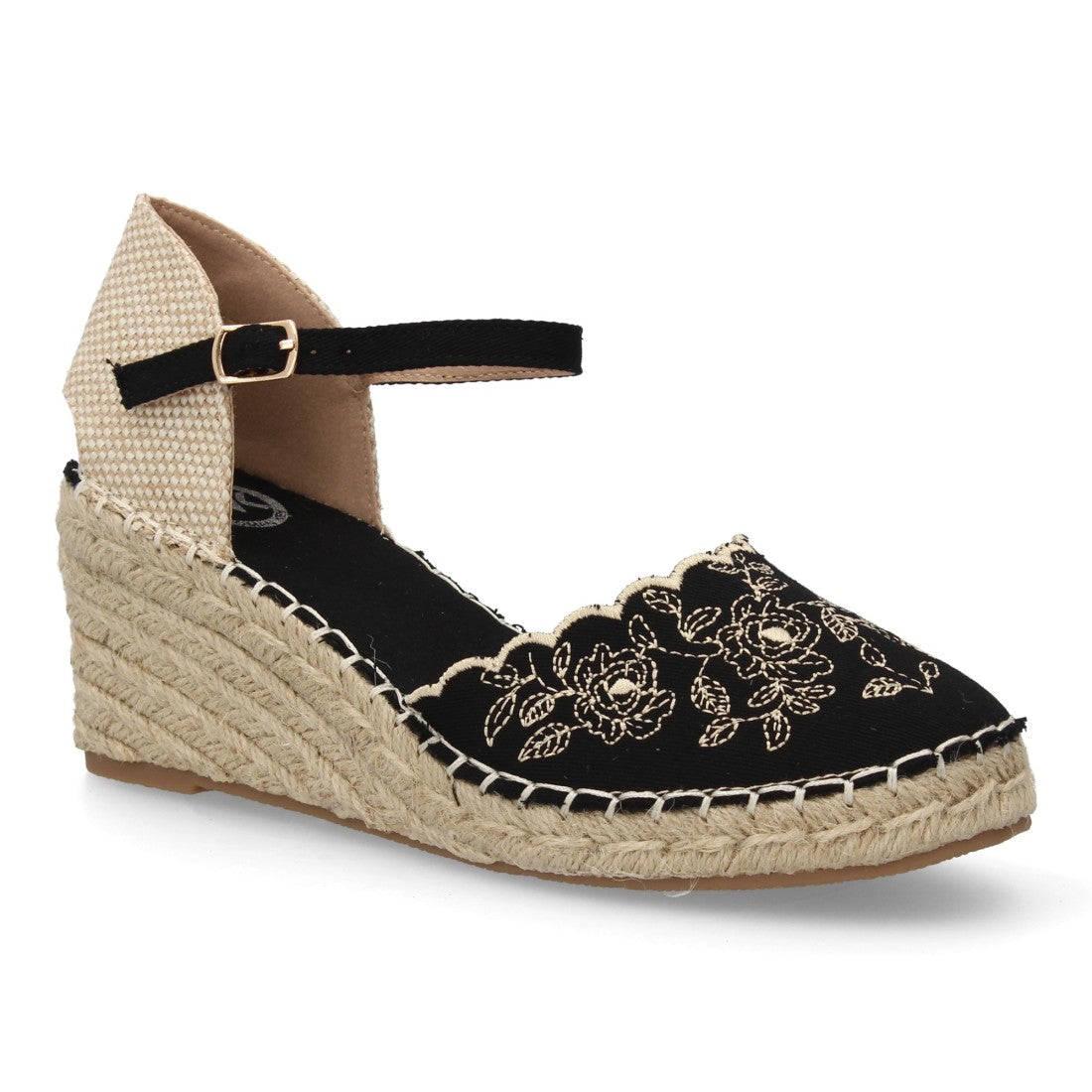 Alpargata bordada de cuña  – diseño floral y hebilla ajustable-Negro