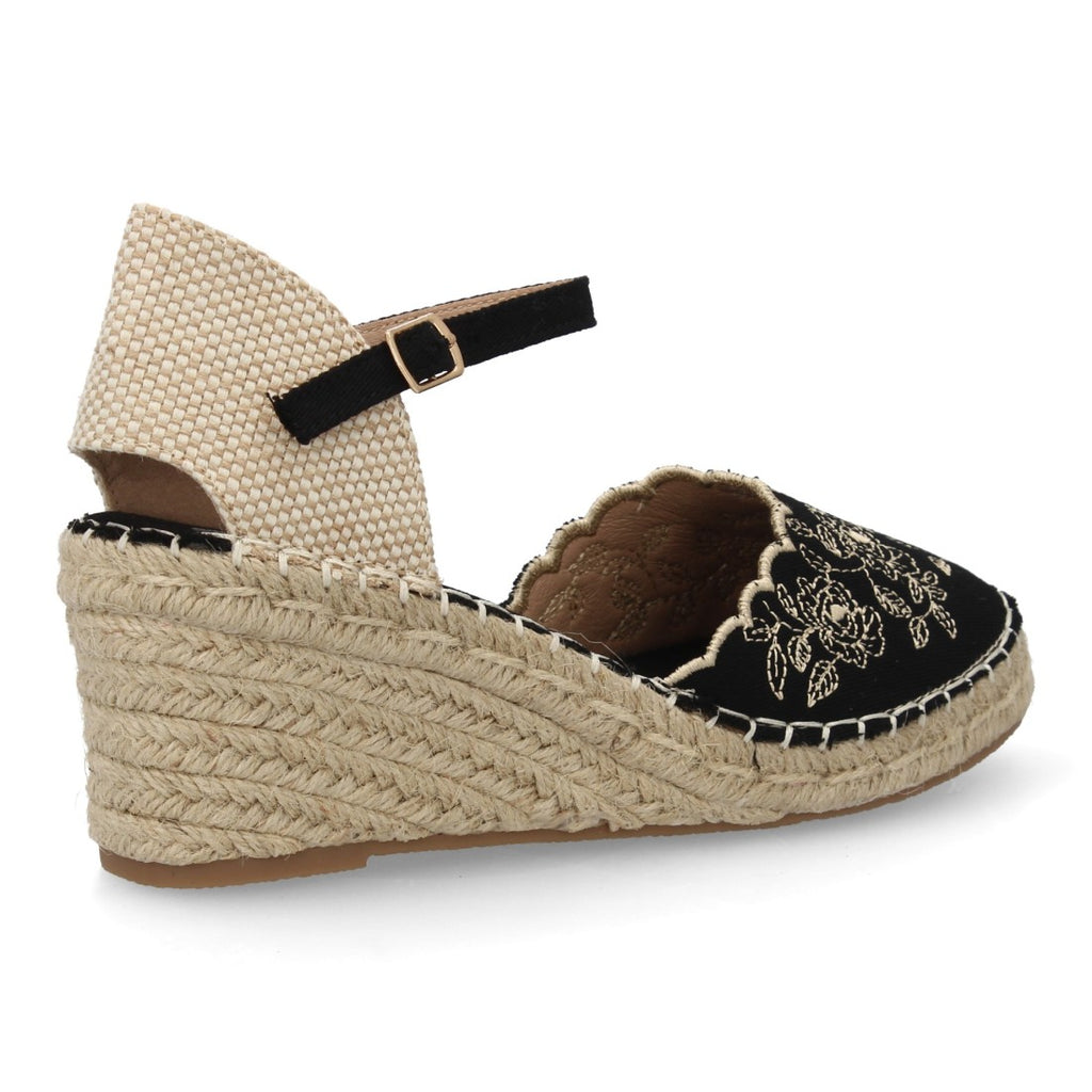 Alpargata bordada de cuña  – diseño floral y hebilla ajustable-Negro