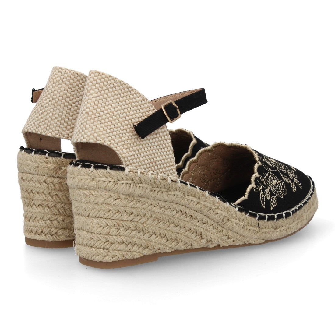 Alpargata bordada de cuña  – diseño floral y hebilla ajustable-Negro