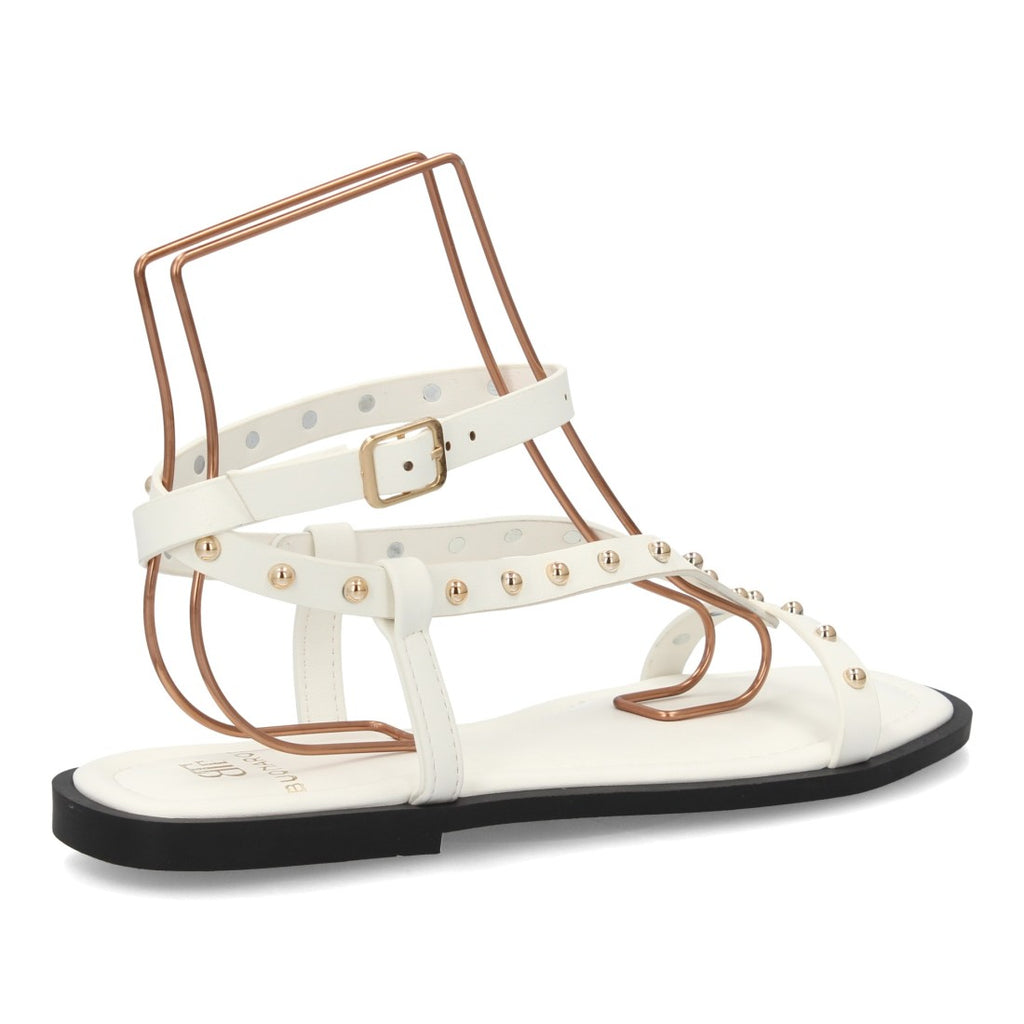Sandalia plana mujer con tachuelas metálicas- HG-5806-Blanco