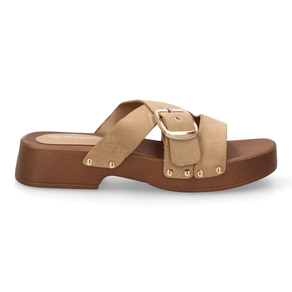 Sandalia pala plataforma de madera con hebilla elegante - H3019-Beige