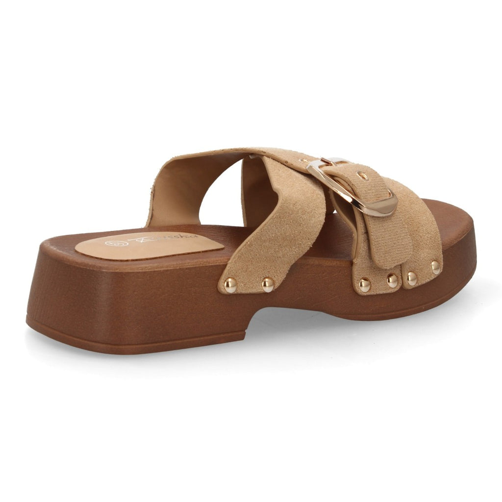 Sandalia pala plataforma de madera con hebilla elegante - H3019-Beige