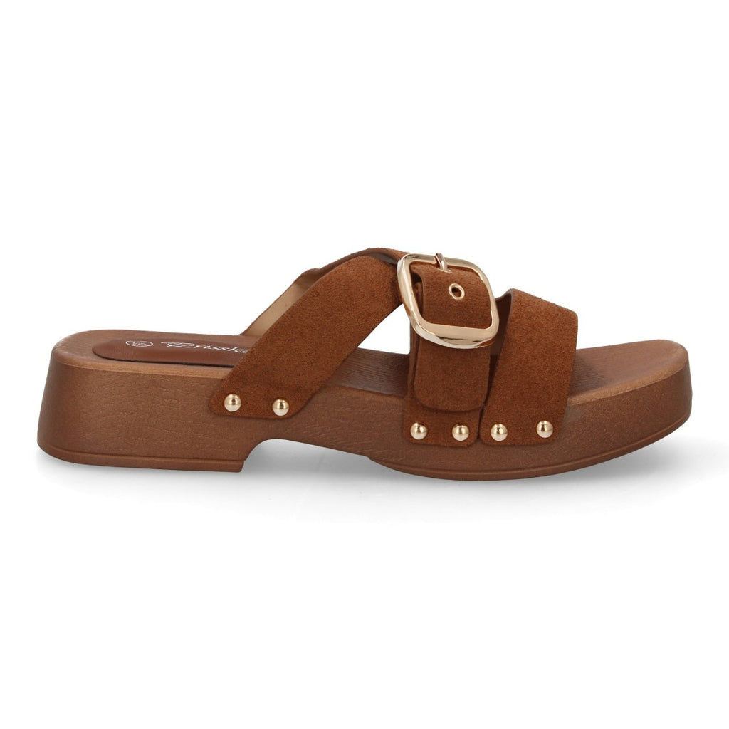 Sandalia pala plataforma de madera con hebilla elegante - H3019-Marron