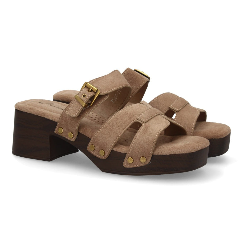 Sandalia pala tacón anchocon tachuelas -Kaki