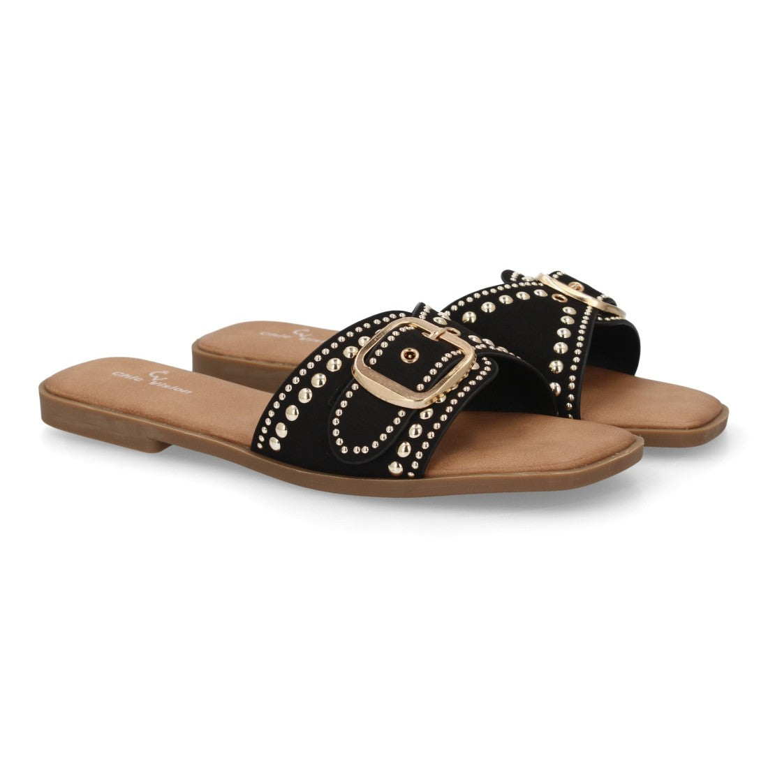 Sandalia pala mujer con hebilla decorativa -TF2528-Negro