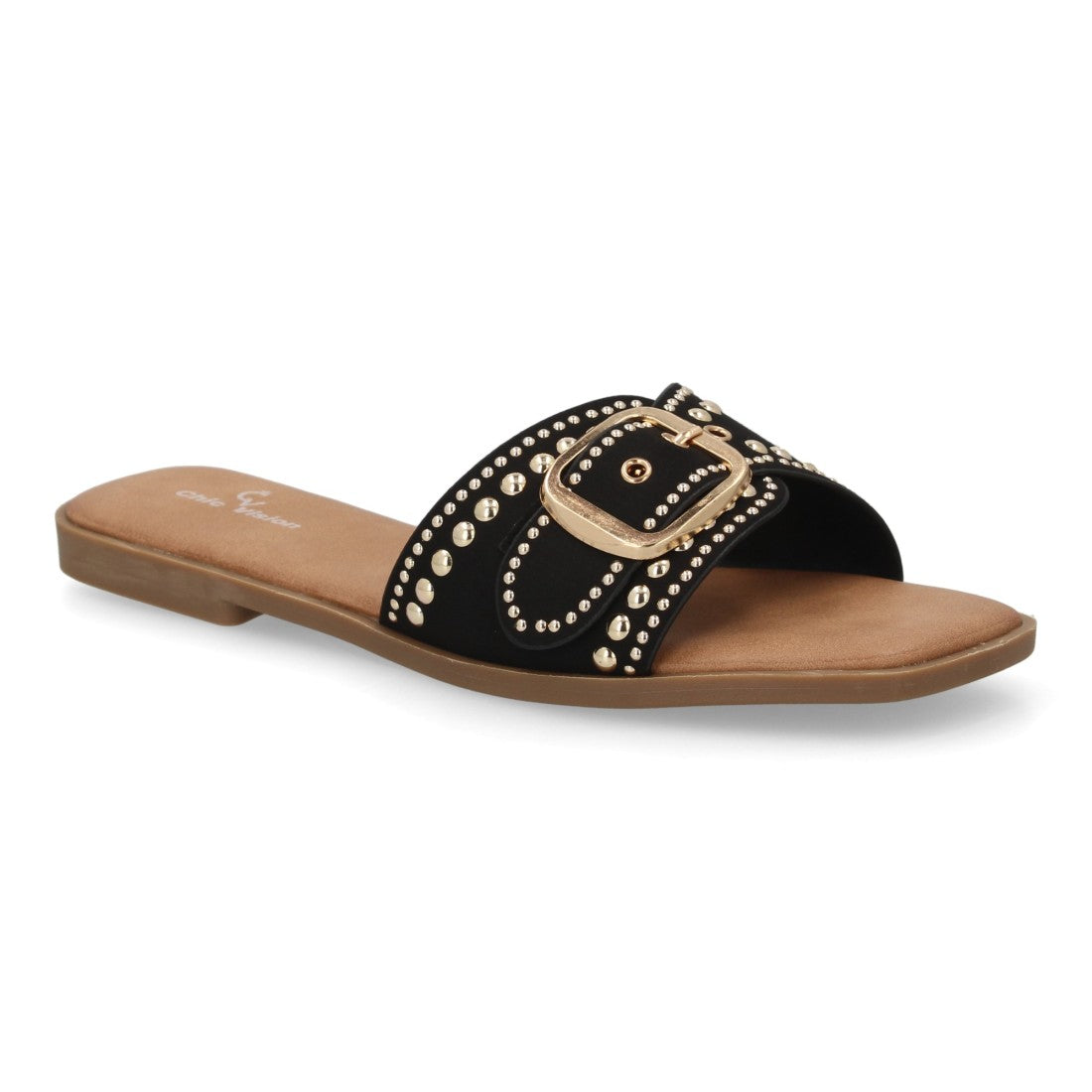 Sandalia pala mujer con hebilla decorativa -TF2528-Negro