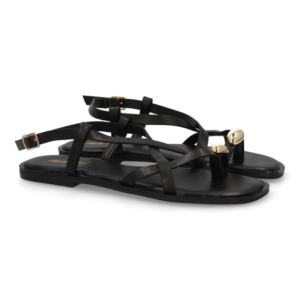 Sandalia Tiras Cruzadas con adorno metálico  - L2887-Negro