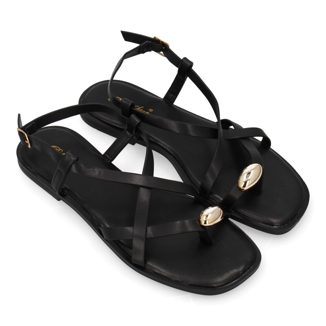 Sandalia Tiras Cruzadas con adorno metálico  - L2887-Negro