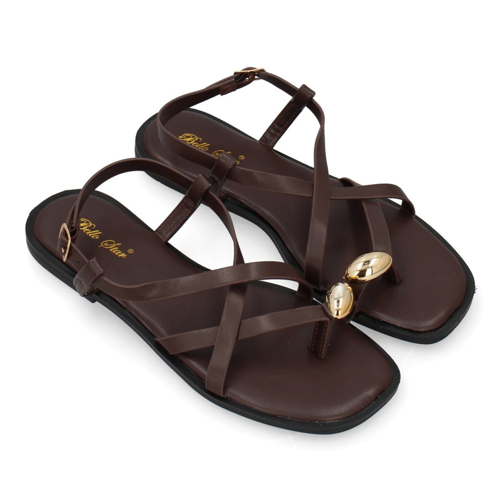 Sandalia Tiras Cruzadas con adorno metálico  - L2887-Marron