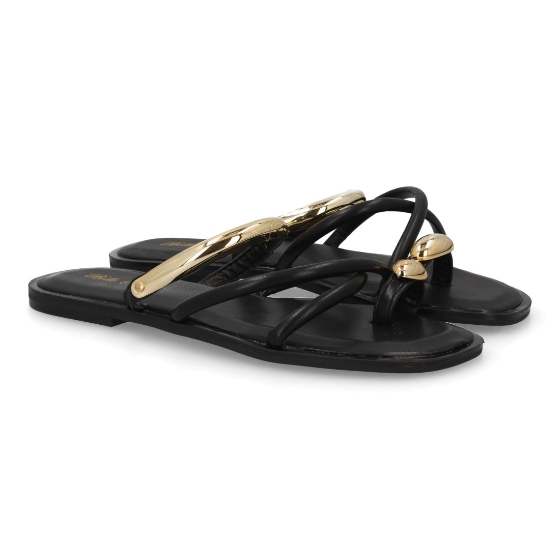 Sandalia plana mujer de tiras con adorno metálico- L2888-Negro
