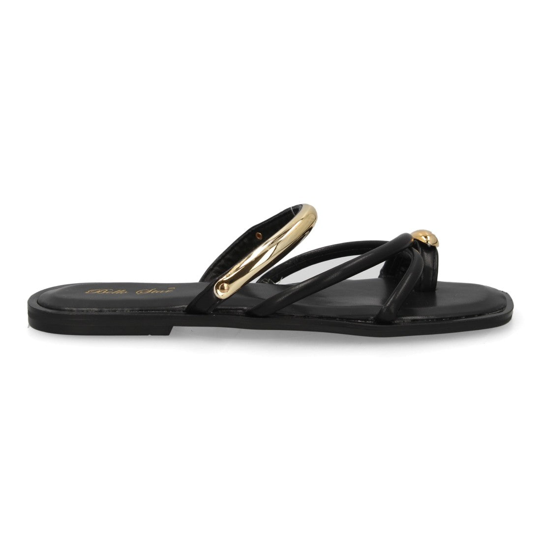 Sandalia plana mujer de tiras con adorno metálico- L2888-Negro
