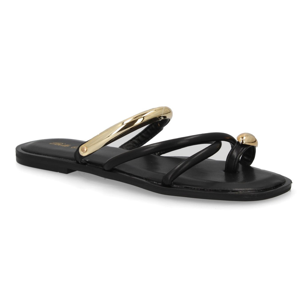 Sandalia plana mujer de tiras con adorno metálico- L2888-Negro