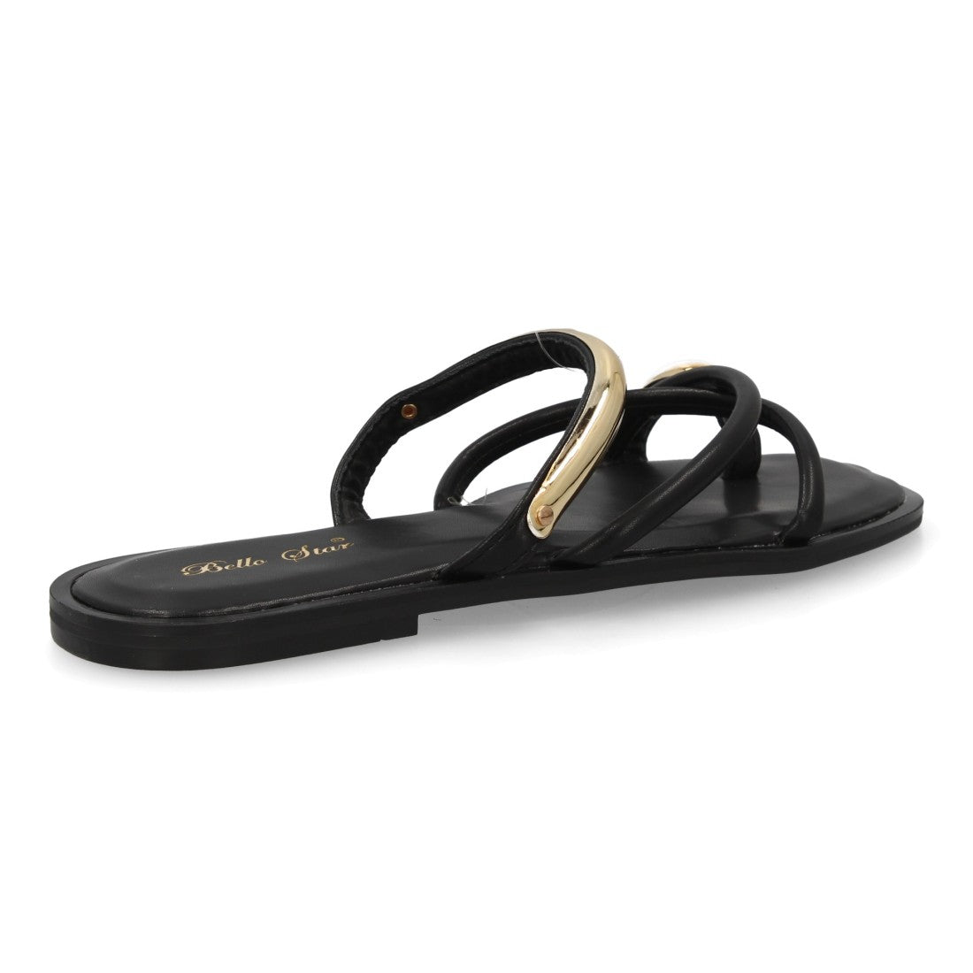 Sandalia plana mujer de tiras con adorno metálico- L2888-Negro