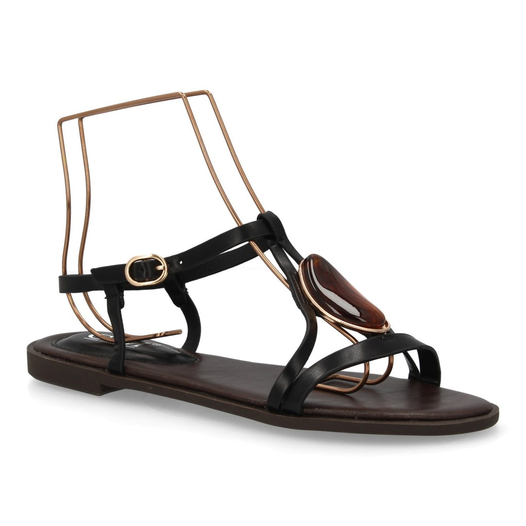 Sandalia plana mujer elegante con adorno de piedra - BS-27-Negro