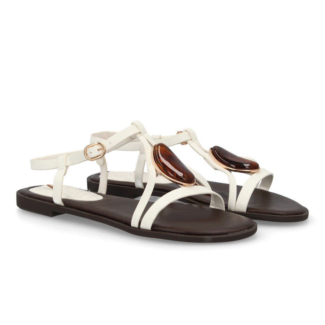 Sandalia plana mujer elegante con adorno de piedra - BS-27-Blanco