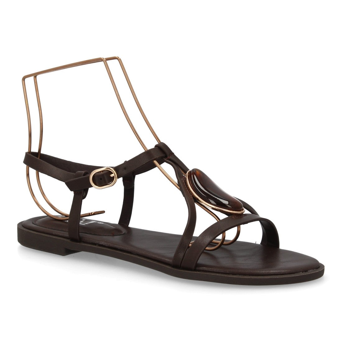 Sandalia plana mujer elegante con adorno de piedra - BS-27-Marron