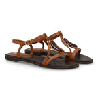 Sandalia plana mujer elegante con adorno de piedra-Camel