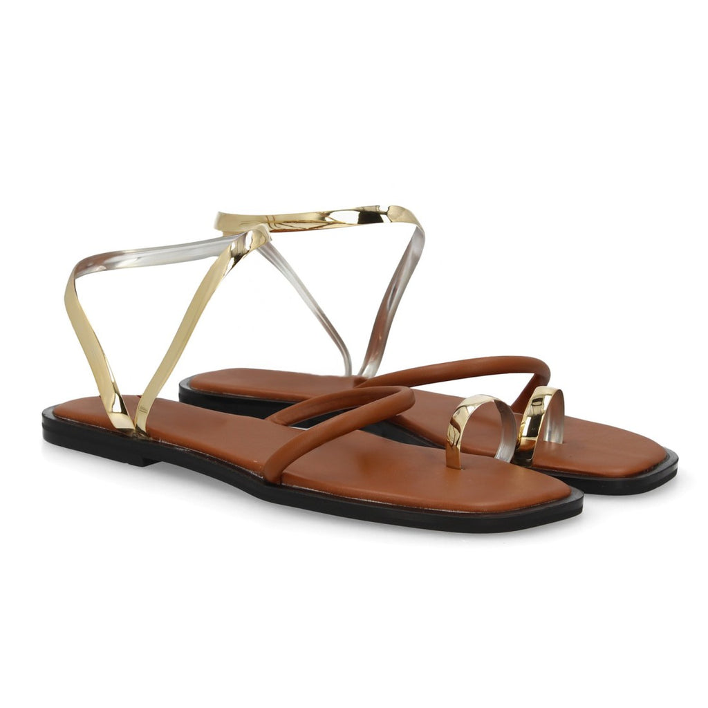 Sandalia plana moderna tiras metálicas -GZ-2A014-Camel