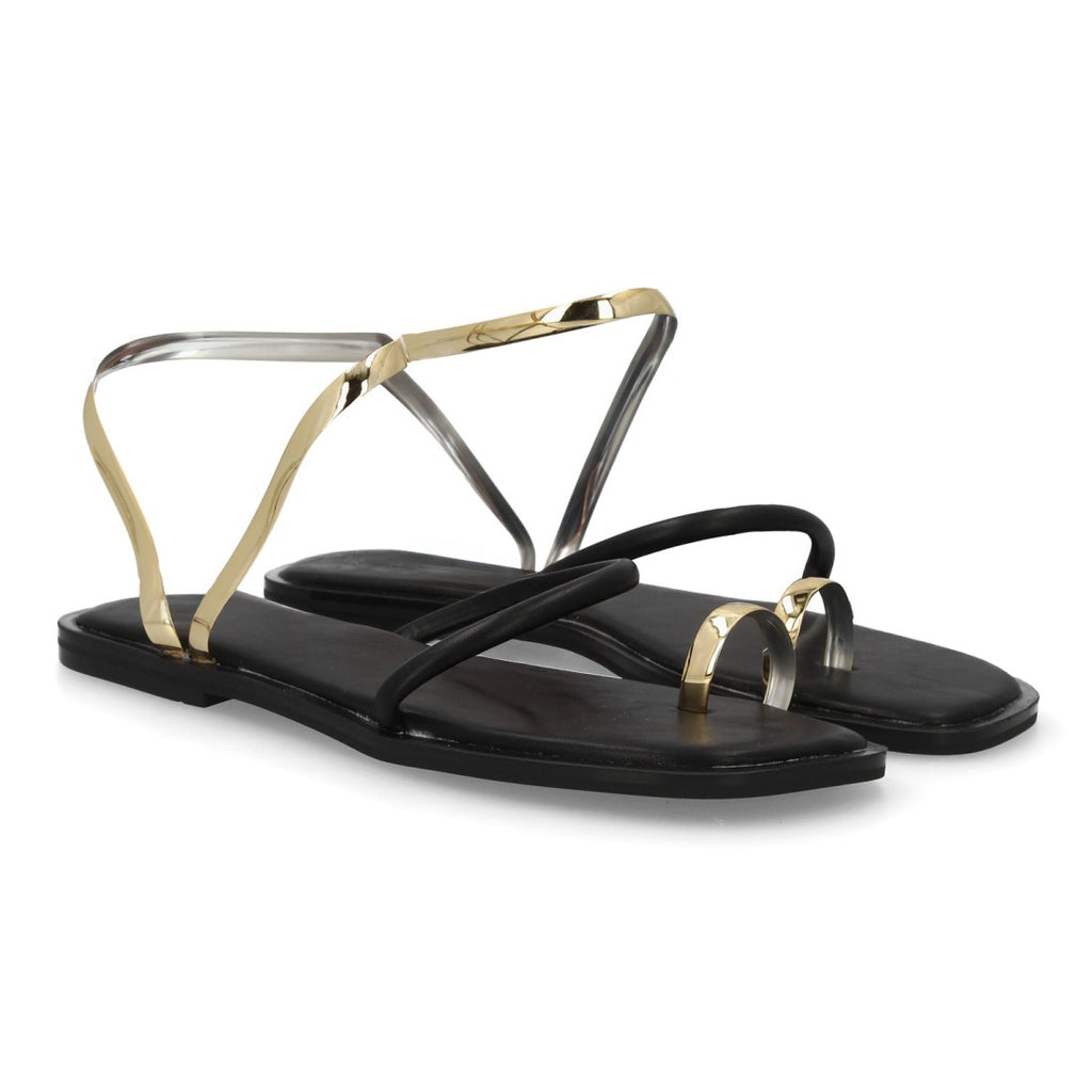 Sandalia plana moderna tiras metálicas - GZ-2A014-Negro