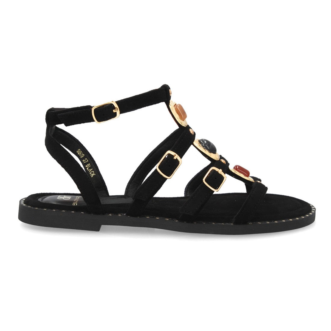 Sandalia romana mujer elegante tiras con pedreria - HA-5710-Negro