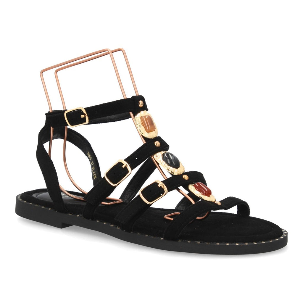 Sandalia romana mujer elegante tiras con pedreria - HA-5710-Negro