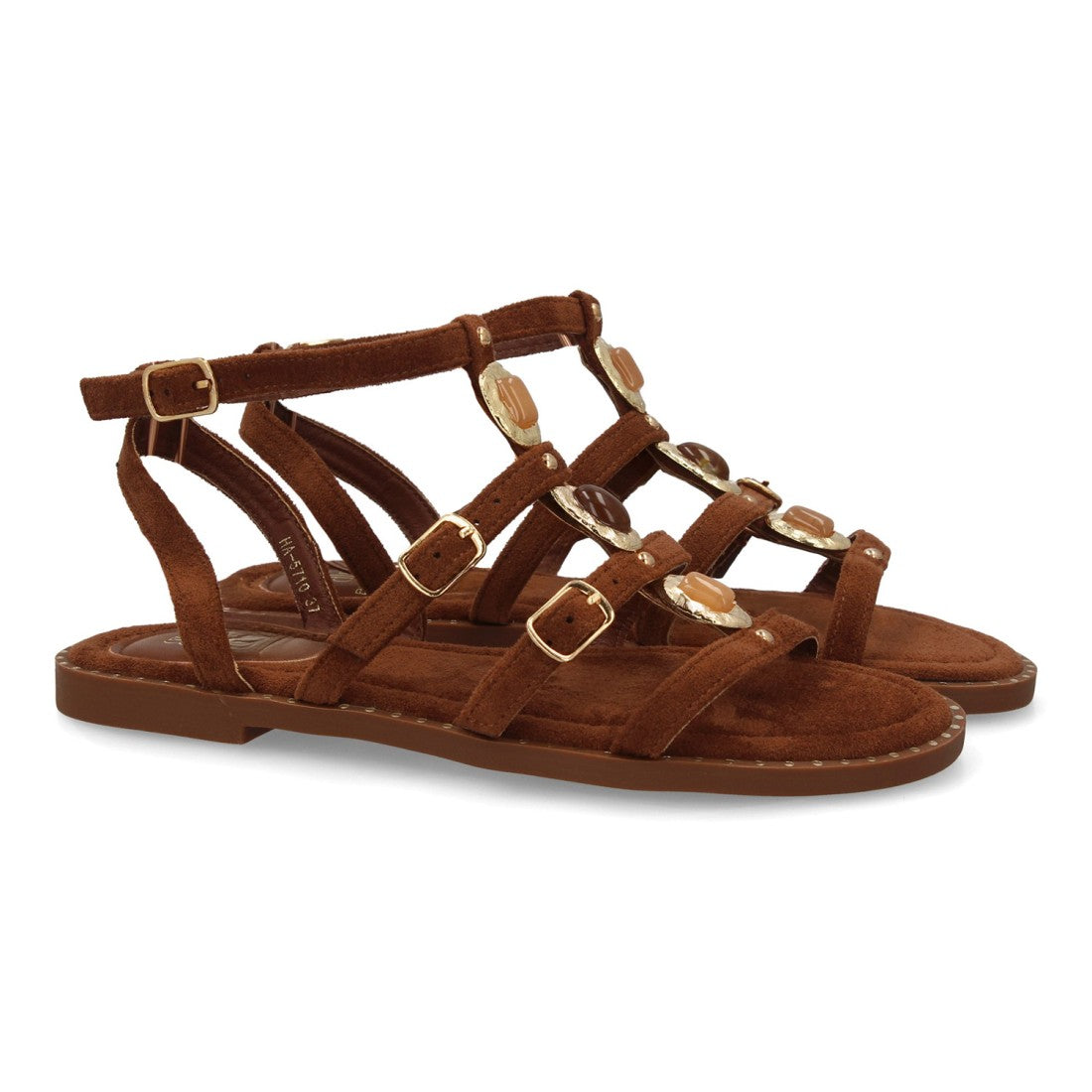 Sandalia romana mujer elegante tiras con pedreria- HA-5710-Marron