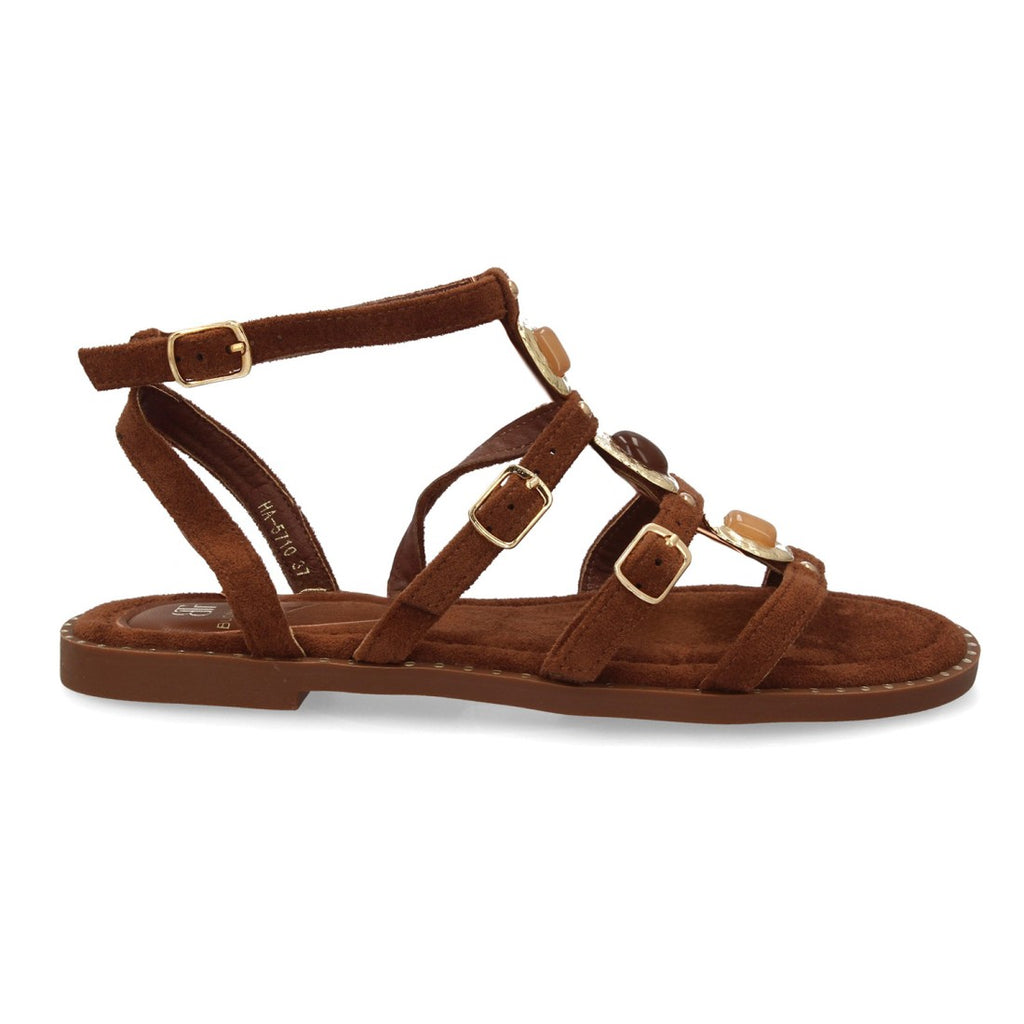 Sandalia romana mujer elegante tiras con pedreria- HA-5710-Marron