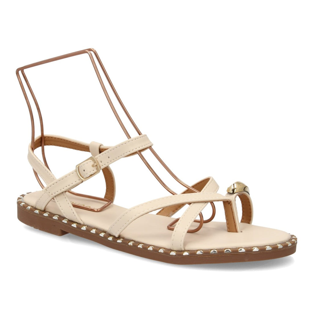 Sandalia Plana de Mujer con Tiras Finas y Detalles Metálicos  -Beige
