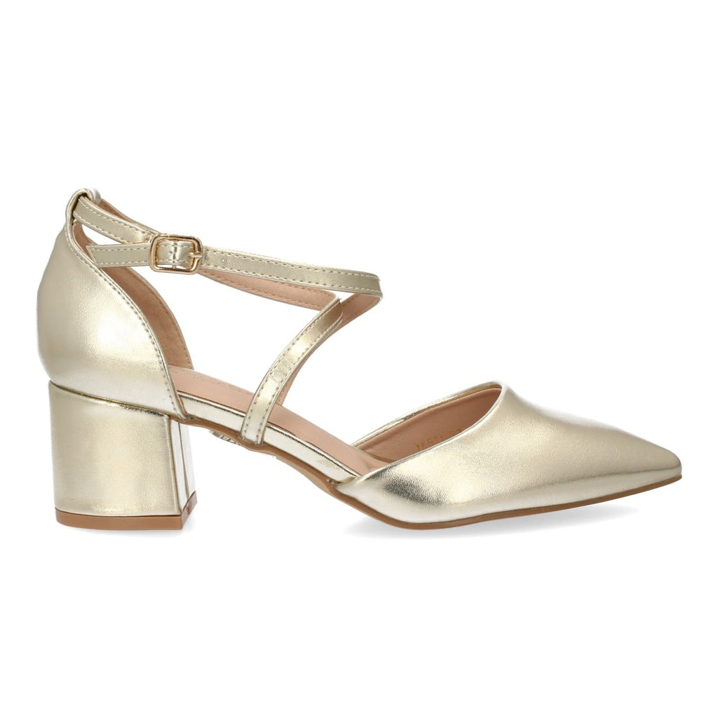 Zapatos de Mujer con Tacón Medio Ancho, Tiras Cruzadas y Hebilla -Oro
