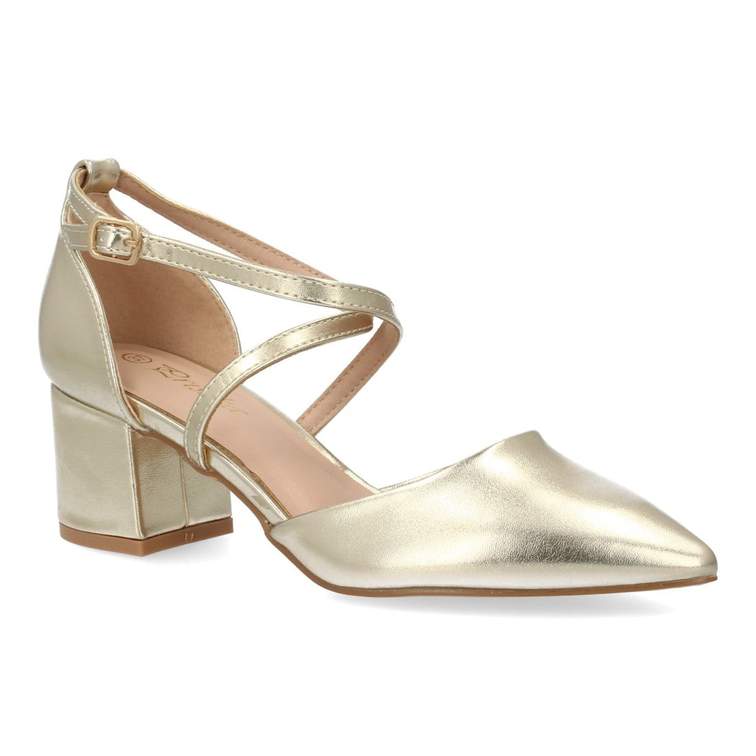 Zapatos de Mujer con Tacón Medio Ancho, Tiras Cruzadas y Hebilla -Oro