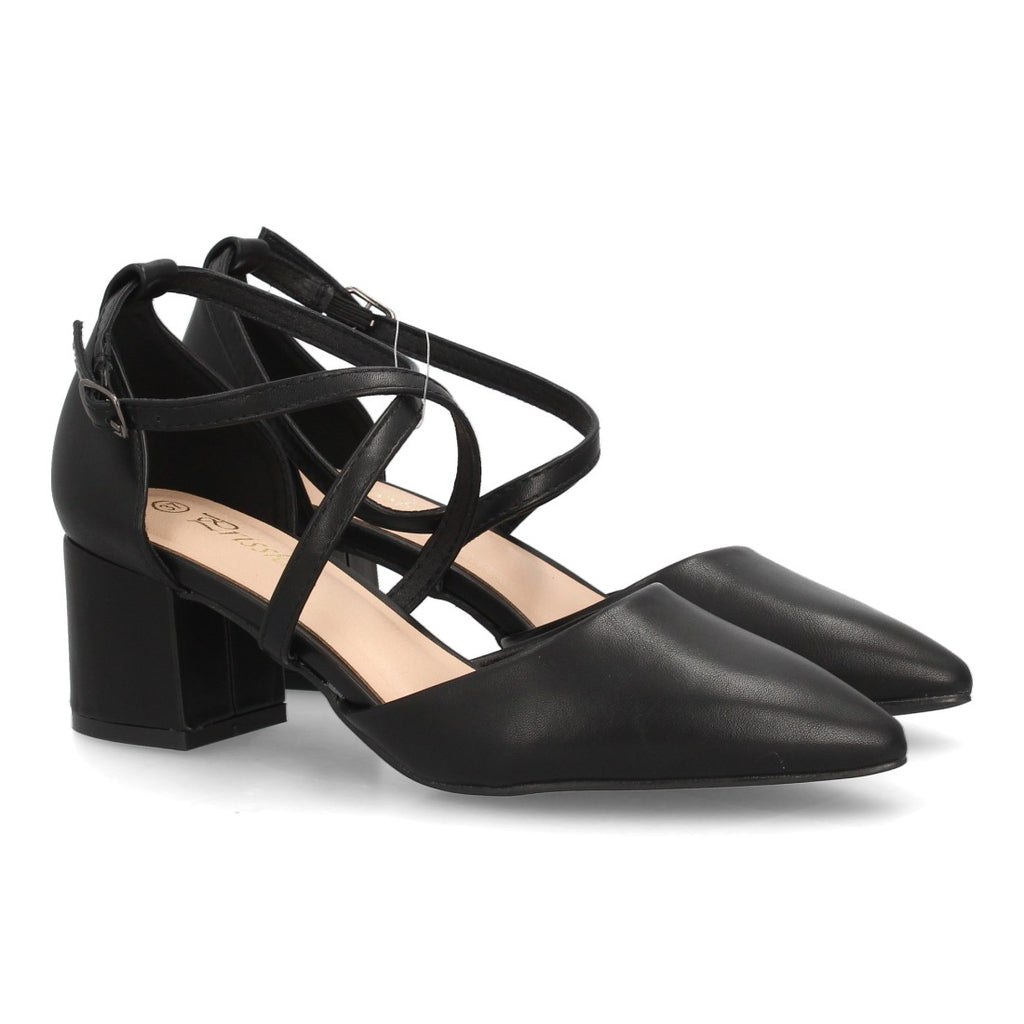 Zapatos de Mujer con Tacón Medio Ancho, Tiras Cruzadas y Hebilla -Negro