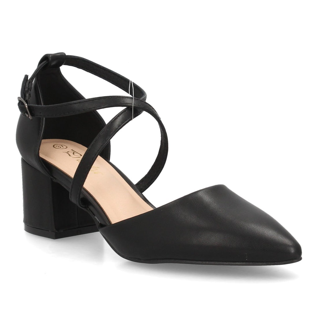Zapatos de Mujer con Tacón Medio Ancho, Tiras Cruzadas y Hebilla -Negro