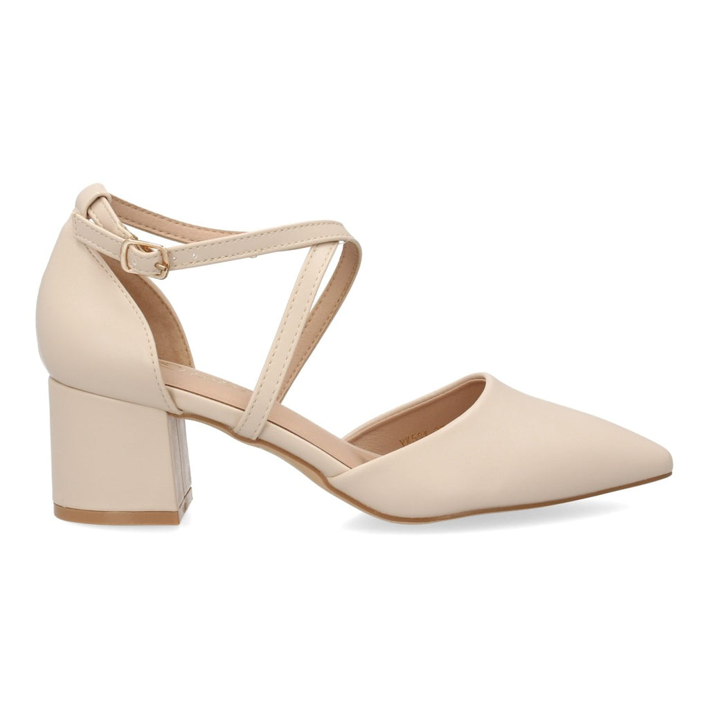 Zapatos de Mujer con Tacón Medio Ancho, Tiras Cruzadas y Hebilla -Beige