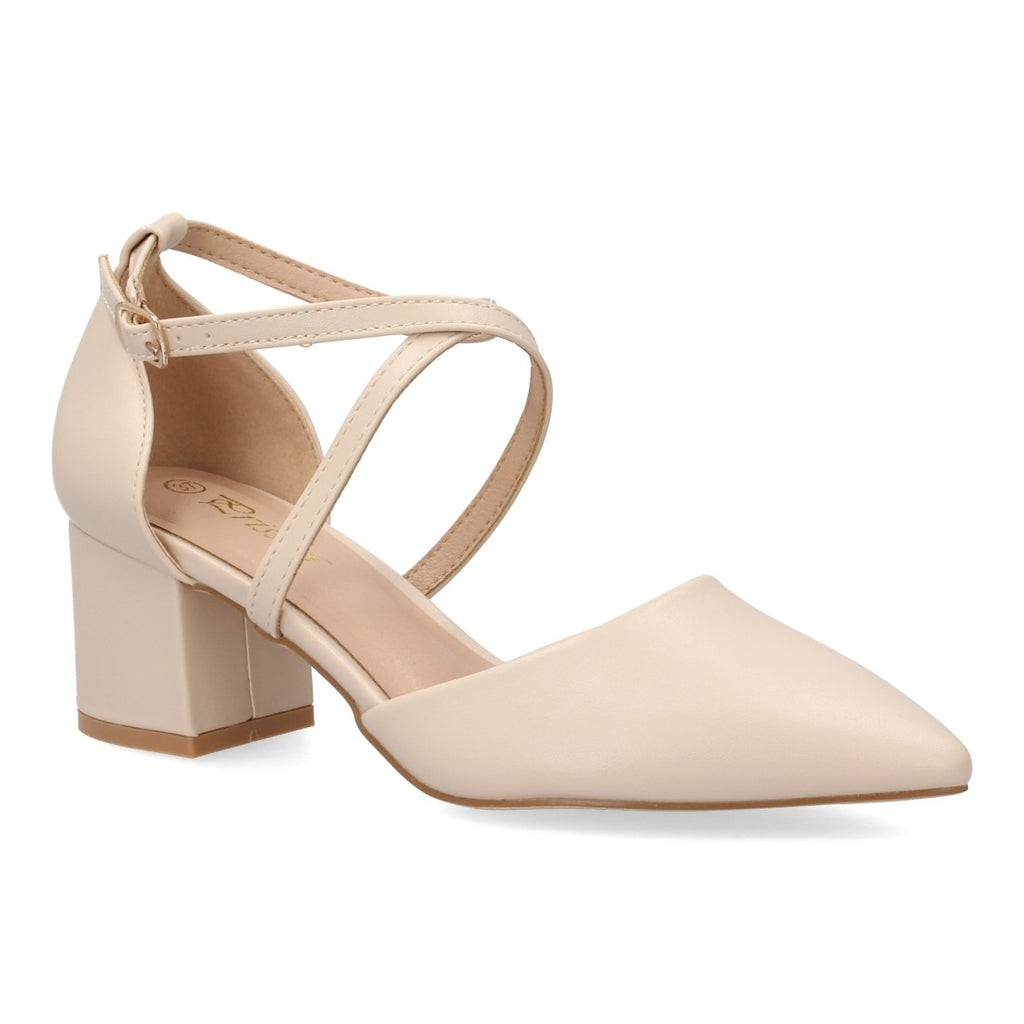 Zapatos de Mujer con Tacón Medio Ancho, Tiras Cruzadas y Hebilla -Beige