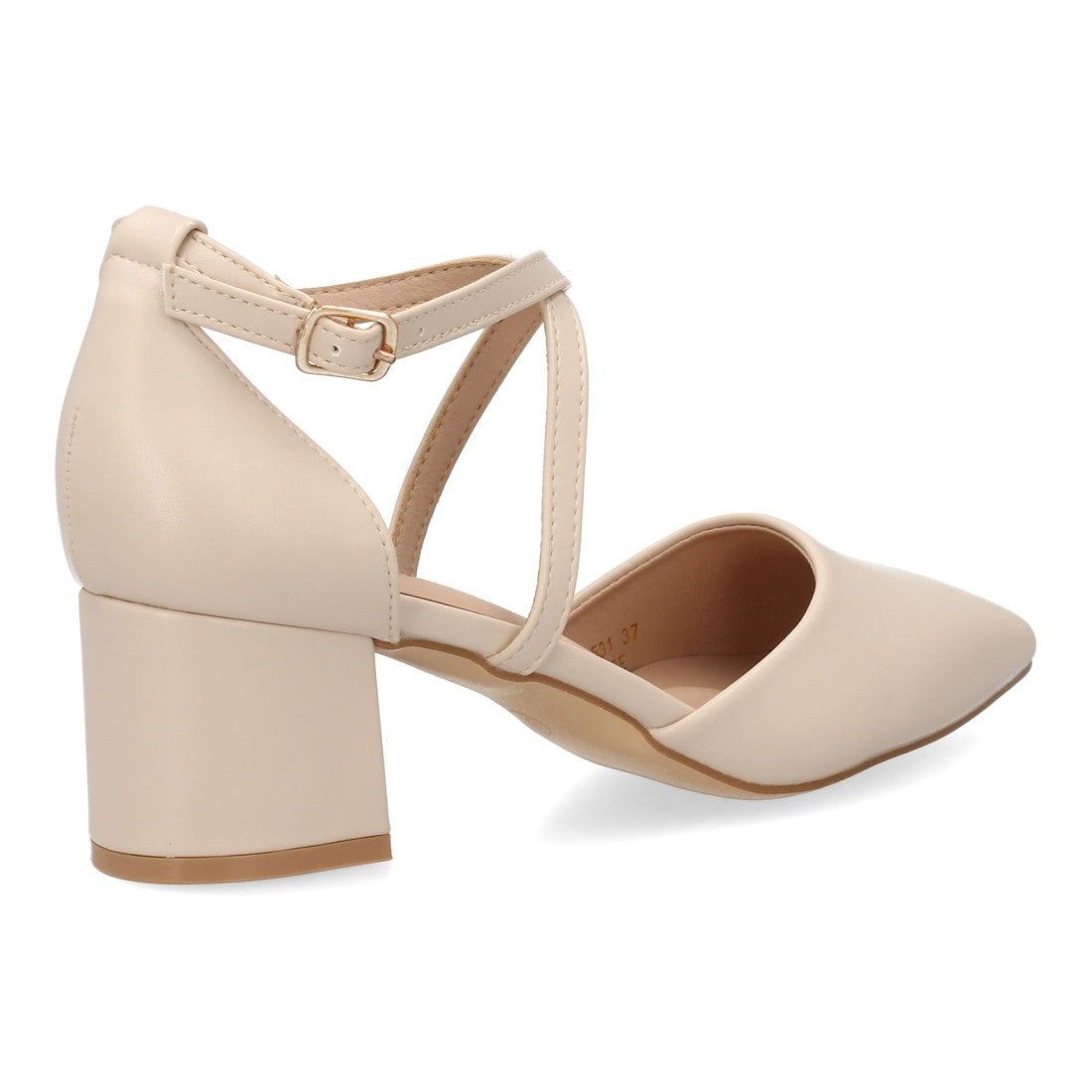 Zapatos de Mujer con Tacón Medio Ancho, Tiras Cruzadas y Hebilla -Beige