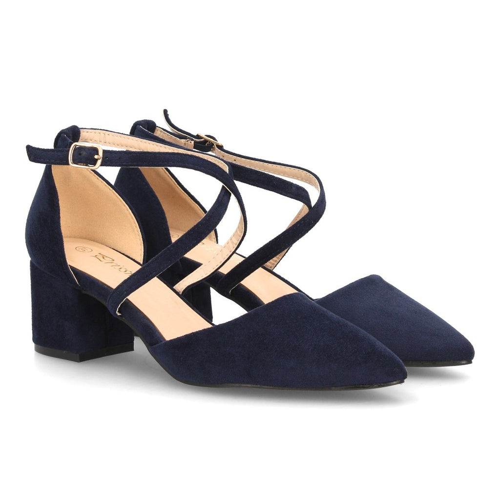 Zapatos de Mujer con Tacón Medio Ancho, Tiras Cruzadas y Hebilla -Azul