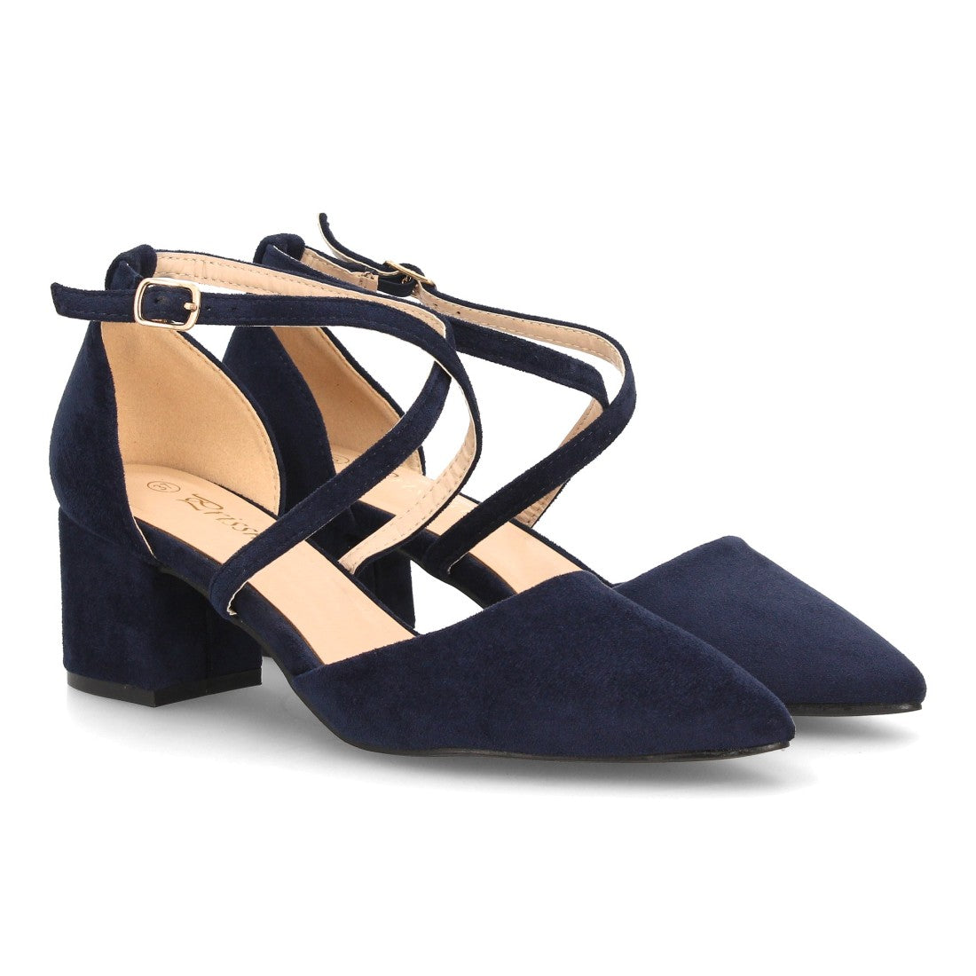 Zapatos de Mujer con Tacón Medio Ancho, Tiras Cruzadas y Hebilla -Azul