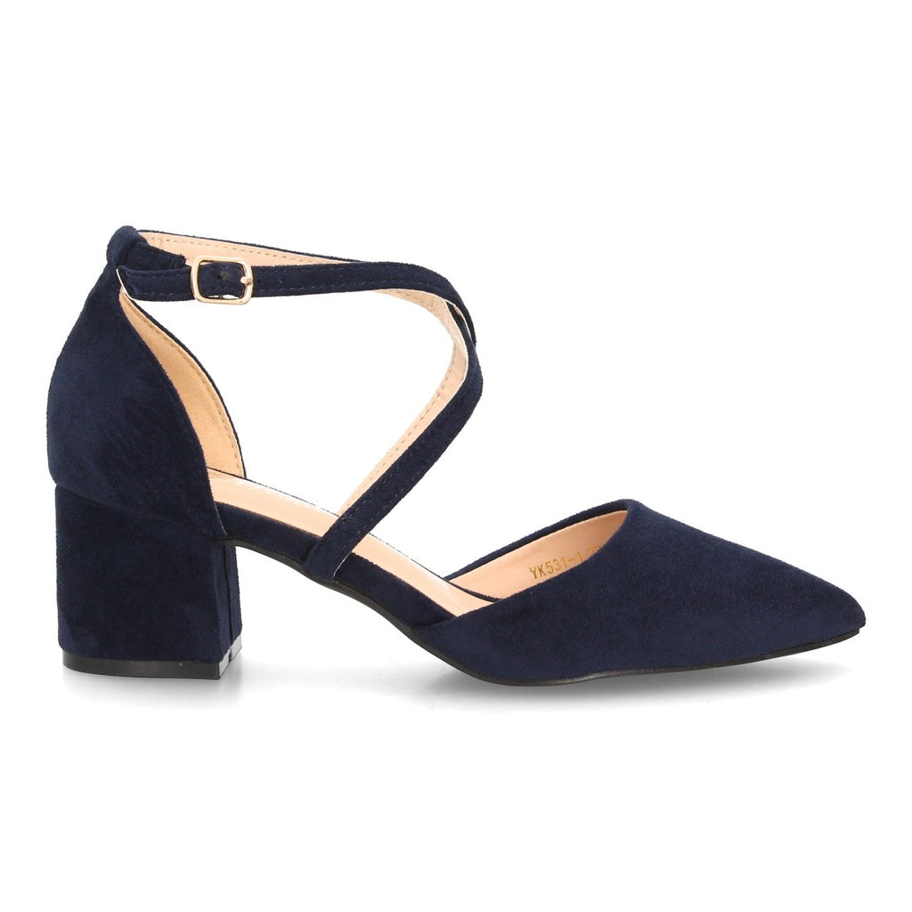 Zapatos de Mujer con Tacón Medio Ancho, Tiras Cruzadas y Hebilla -Azul