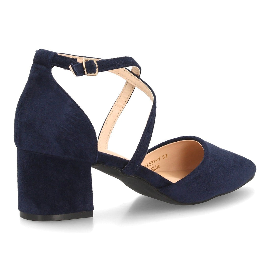 Zapatos de Mujer con Tacón Medio Ancho, Tiras Cruzadas y Hebilla -Azul