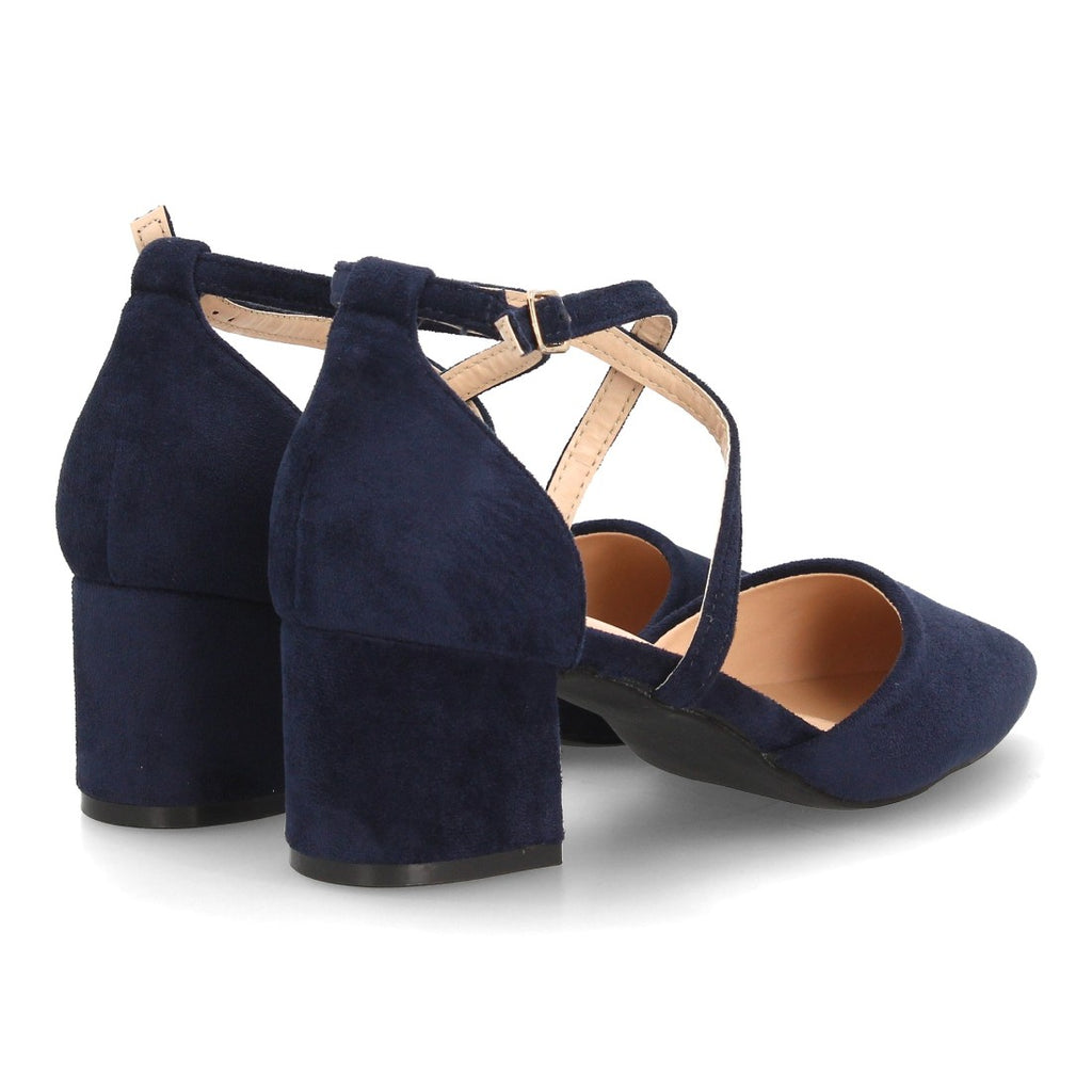 Zapatos de Mujer con Tacón Medio Ancho, Tiras Cruzadas y Hebilla -Azul