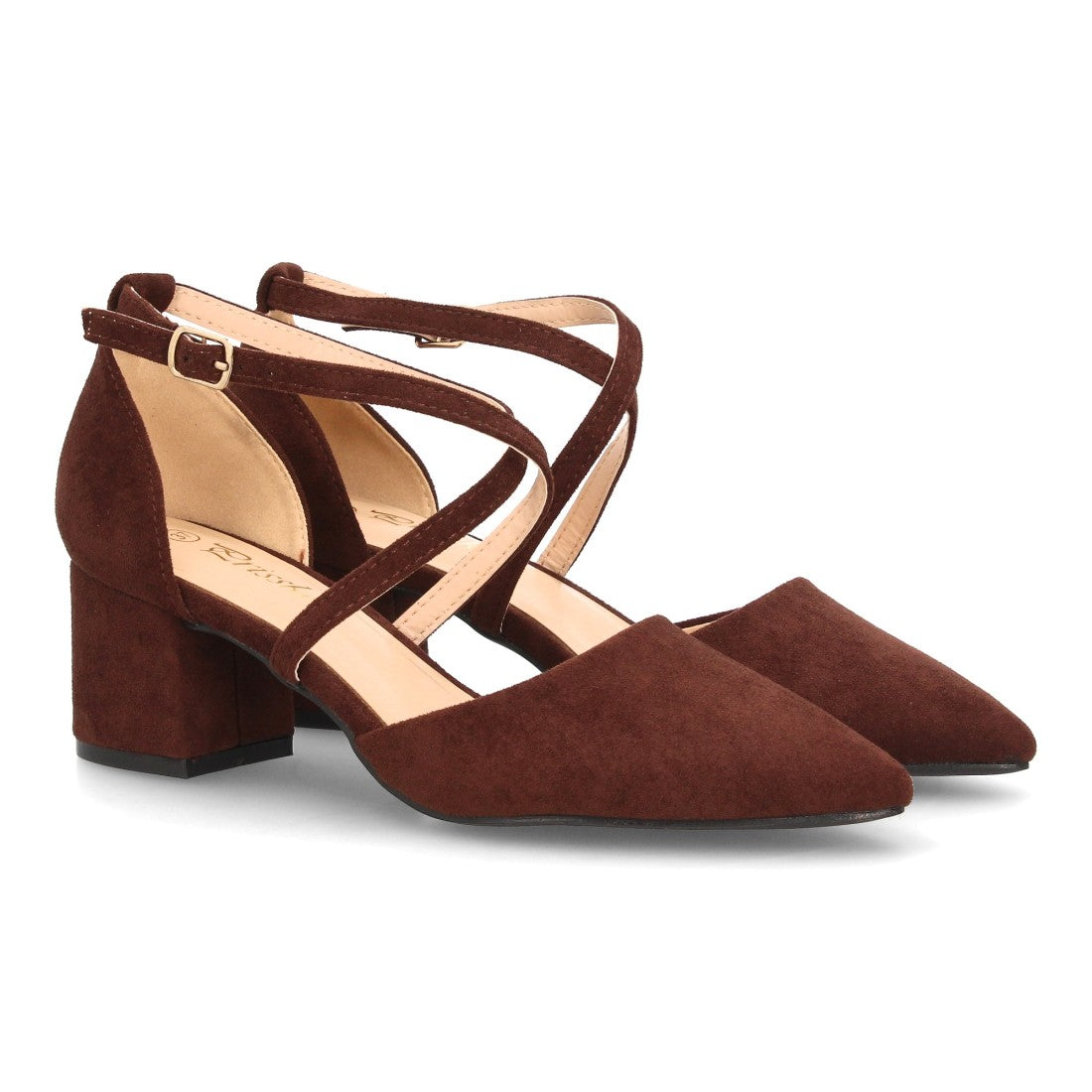 Zapatos de Mujer con Tacón Medio Ancho, Tiras Cruzadas y Hebilla -Marron