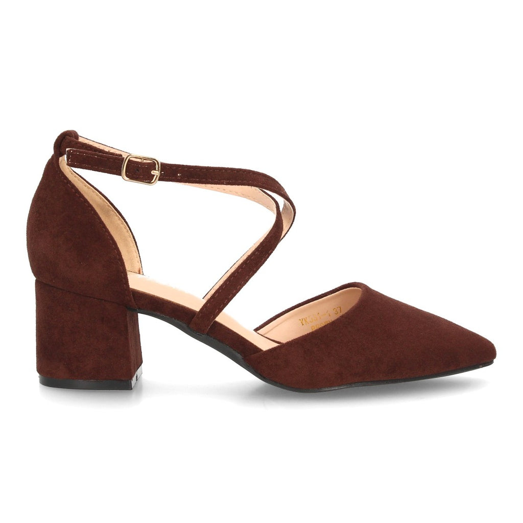 Zapatos de Mujer con Tacón Medio Ancho, Tiras Cruzadas y Hebilla -Marron