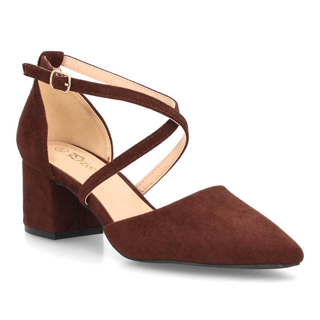 Zapatos de Mujer con Tacón Medio Ancho, Tiras Cruzadas y Hebilla -Marron