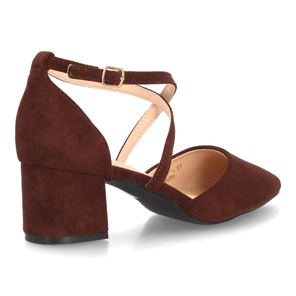 Zapatos de Mujer con Tacón Medio Ancho, Tiras Cruzadas y Hebilla -Marron