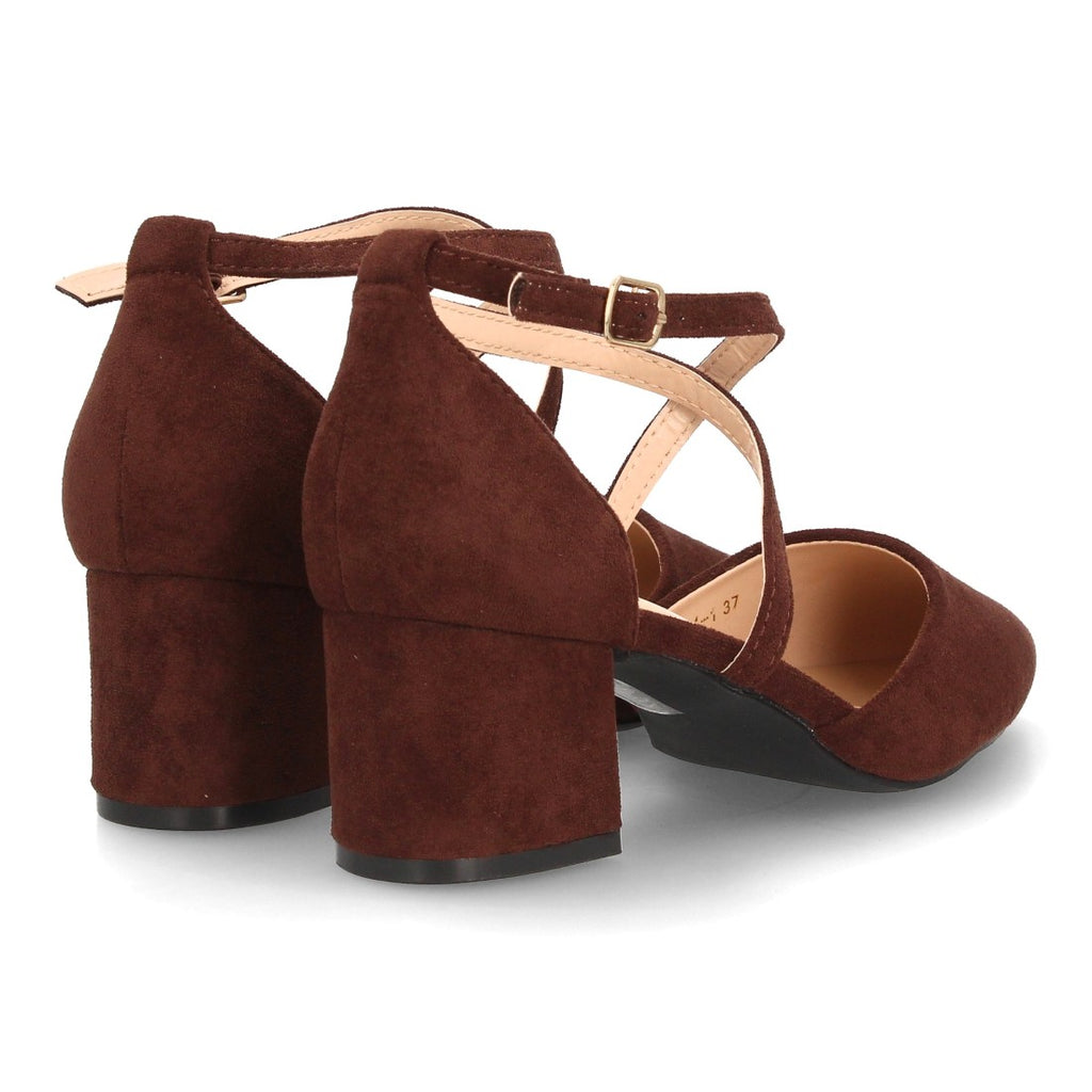 Zapatos de Mujer con Tacón Medio Ancho, Tiras Cruzadas y Hebilla -Marron