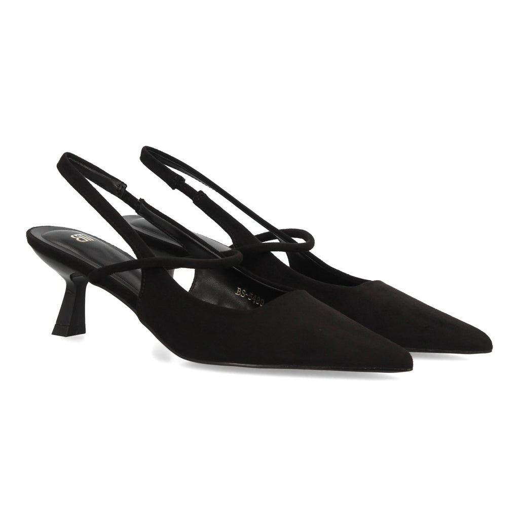 Zapatos de Salón de Mujer con Tacón Bajo, Punta Fina y Tiras Cruzadas -Negro