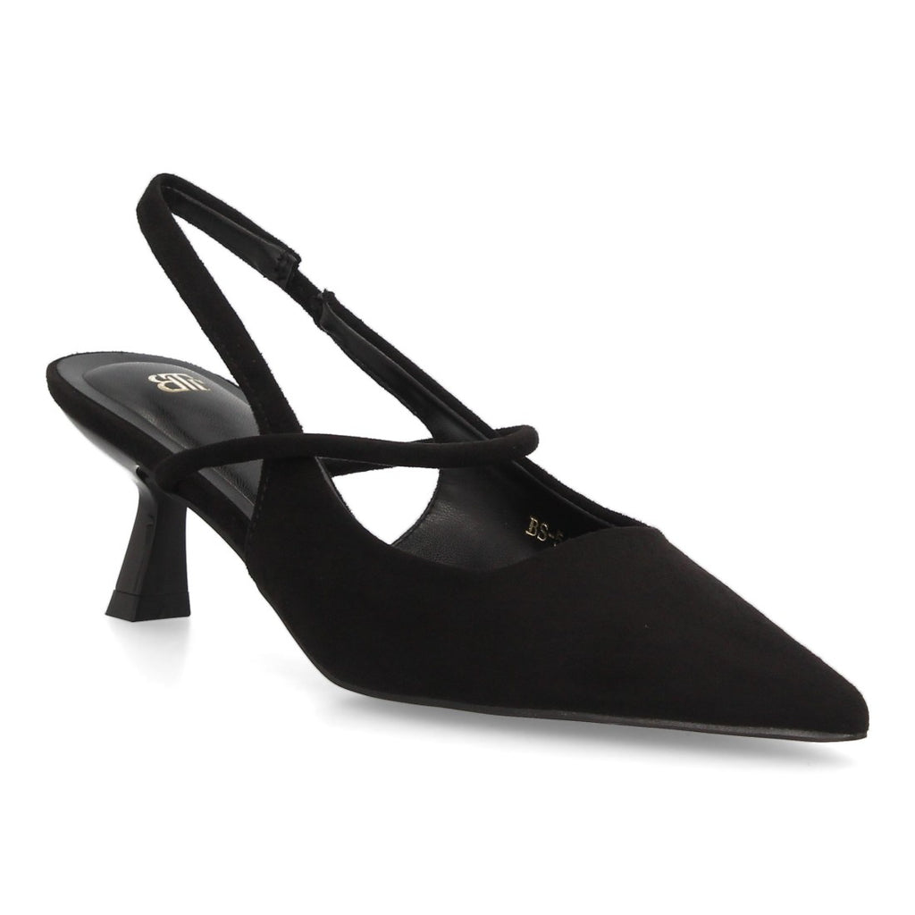 Zapatos de Salón de Mujer con Tacón Bajo, Punta Fina y Tiras Cruzadas -Negro