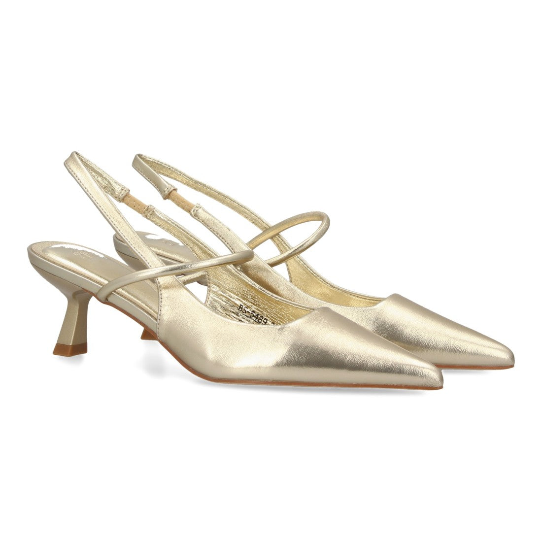 Zapatos de Salón de Mujer con Tacón Bajo, Punta Fina y Tiras Cruzadas -Oro